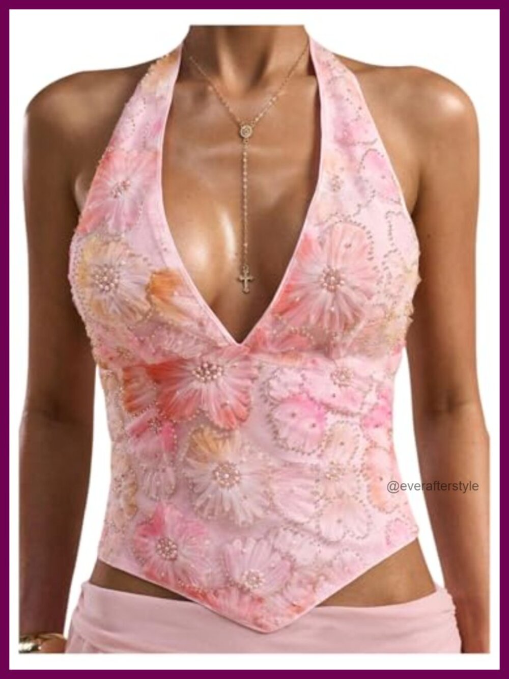 Women's Y2K Floral Sequin Halter Top Beaded Tie Backless Summer Rave